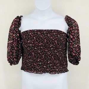 Pink Rose Floral Smocked Off Shoulder Crop Top 1X
